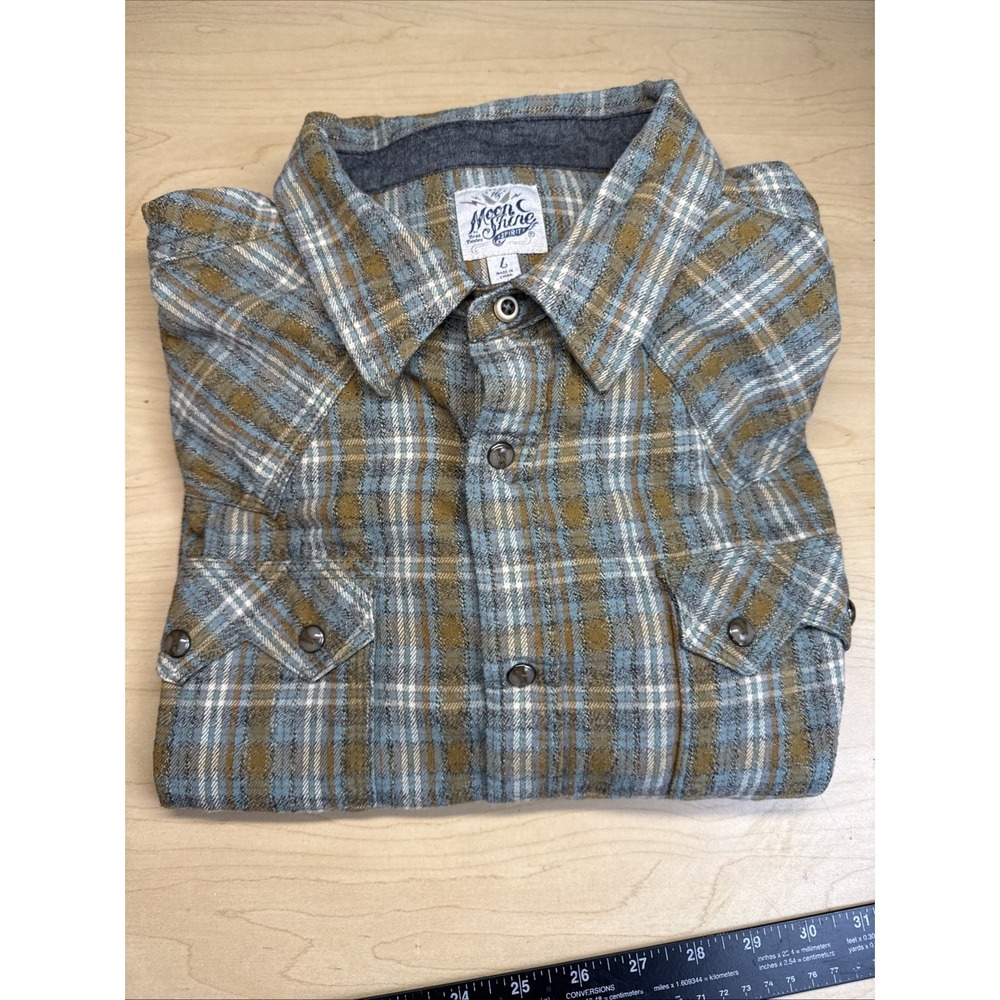 Moon Shine Spirit Shirt Mens Large Plaid Western Flannel Pearl Snap Long Sleeve